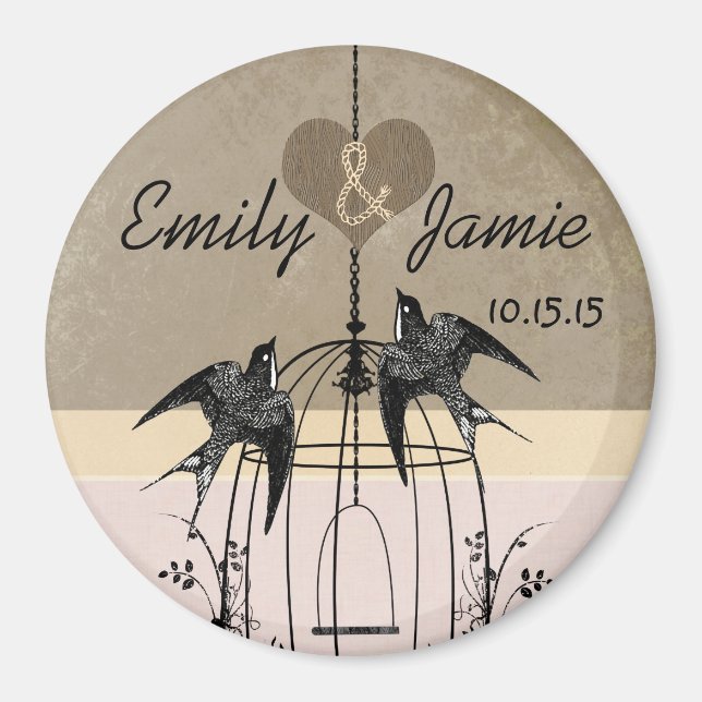 Chocolate & Coral Bird Cage Wedding Magnet (Front)