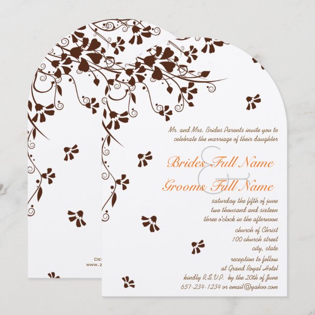 Chocolate Coral Floral Wedding Invitations (Front/Back)