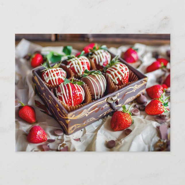 Chocolate-covered Strawberries with White and Dark Holiday Postcard (Front)