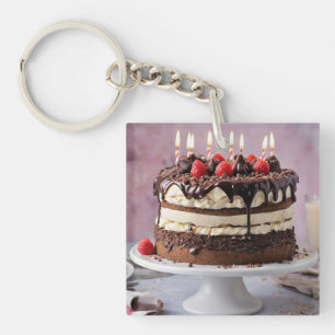 Chocolate Cream Birthday Cake With Strawberries,  Key Ring