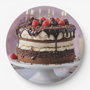 Chocolate Cream Birthday Cake With Strawberries, Paper Plate