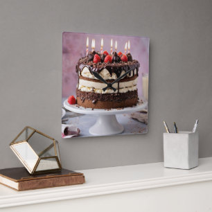 Chocolate Cream Birthday Cake With Strawberries, Square Wall Clock