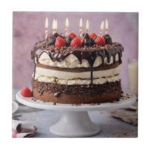 Chocolate Cream Birthday Cake With Strawberries,  Tile