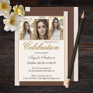 Chocolate Cream Gold Photo Graduation Invitation