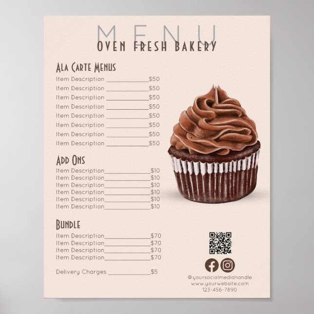 Chocolate Cupcake Blush Menu Bakery Price List Poster (Front)