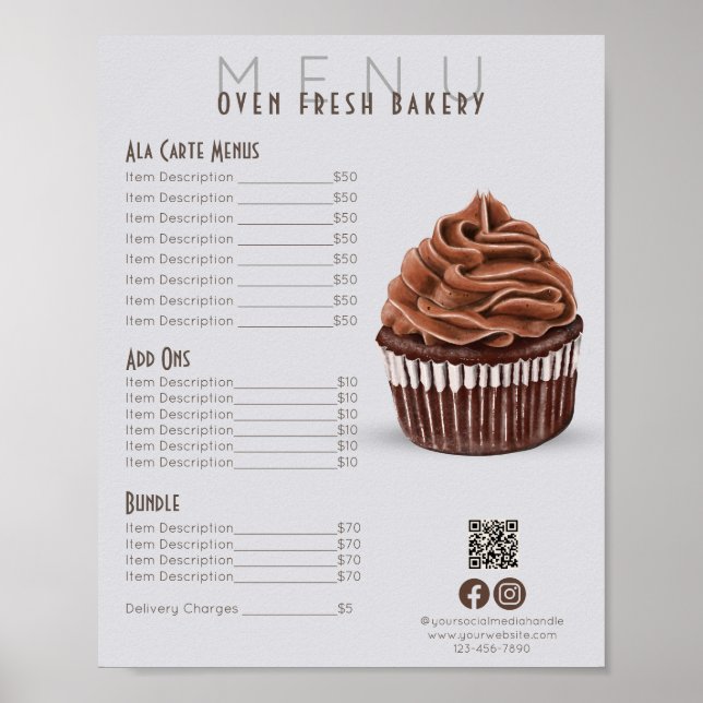 Chocolate Cupcake Grey Menu Bakery Price List Poster (Front)