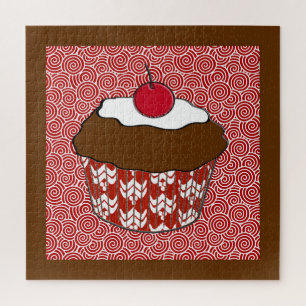 Chocolate Cupcake on Red and White Pattern Jigsaw Puzzle