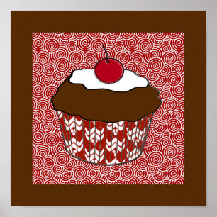 Chocolate Cupcake on Red and White Pattern Poster