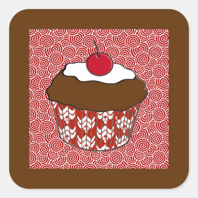 Chocolate Cupcake on Red and White Pattern Square Sticker (Front)