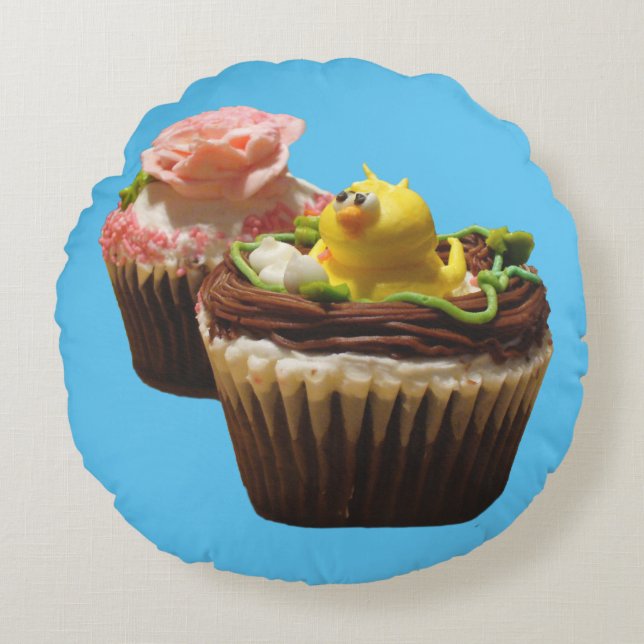 Chocolate Cupcakes Bird & Rose Round Throw Pillow (Front)
