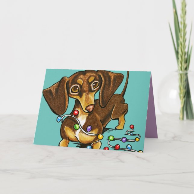Chocolate Dachshund Lights Christmas Teal Holiday Card (Front)