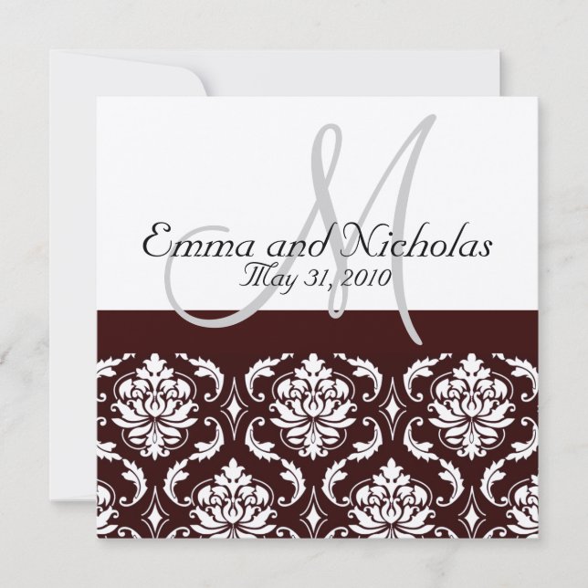 Chocolate Damask Monogram Wedding Invitation (Front)