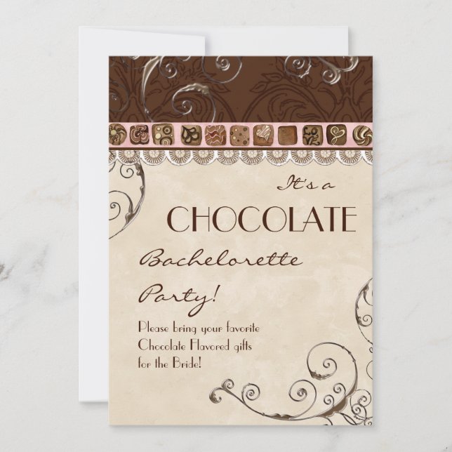 Chocolate Damask Swirl Batchelorette Party Invite (Front)