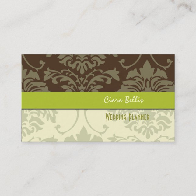 Chocolate Damask, wedding planners business cards (Front)