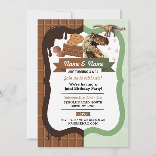 Chocolate & Dinosaur ANY AGE birthday Joint Party Invitation (Front)