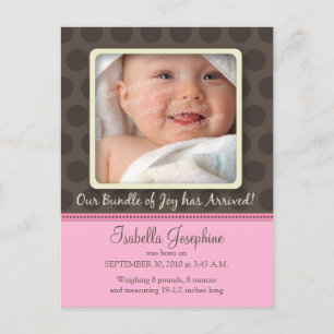 Chocolate Dots Baby Birth Announcement (pink) Postcard