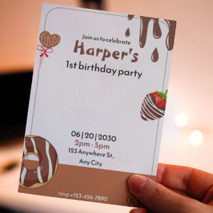 Chocolate, doughnut and strawberry 1st birthday invitation