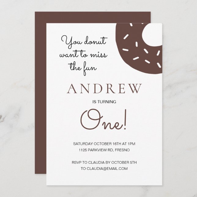 Chocolate Doughnut Turning One 1st First Birthday Invitation (Front/Back)