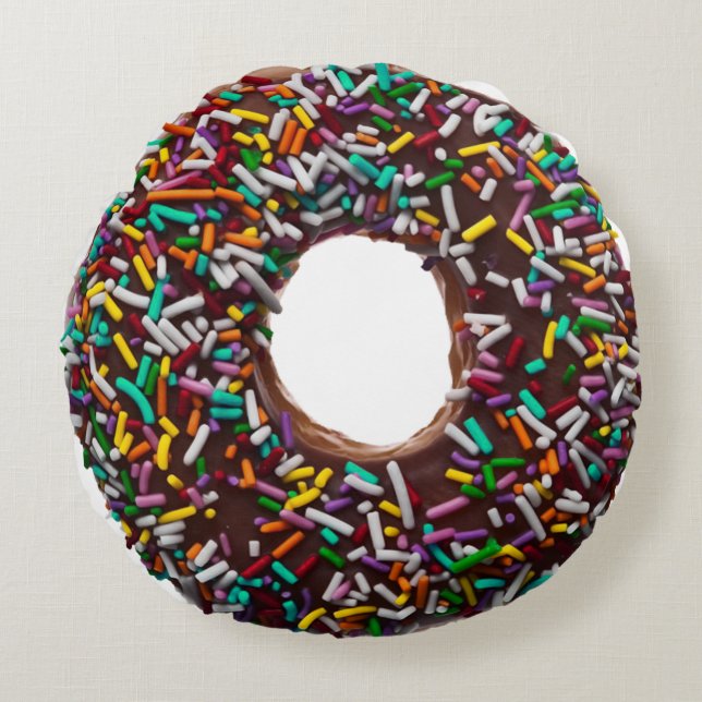 Chocolate Doughnut with colourful sprinkles Round Cushion (Front)