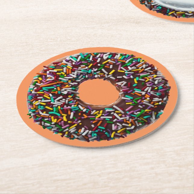 Chocolate Doughnut with colourful sprinkles Round Paper Coaster (Angled)