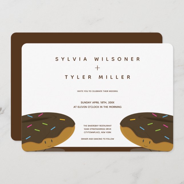 Chocolate Doughnuts Sprinkles Wedding White Brown Invitation (Front/Back)
