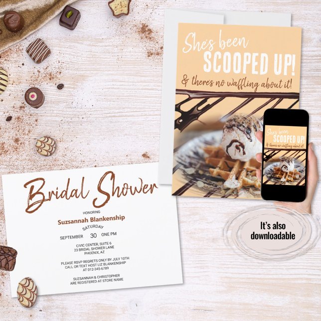 Chocolate Drizzle Ice Cream Scoop on a Waffle  Invitation (Ice cream and waffle bridal shower invitation ready for personalization. )