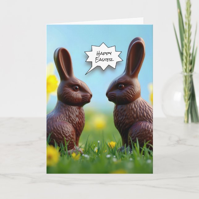Chocolate Easter Bunnies In Daffodils Holiday Card (Front)