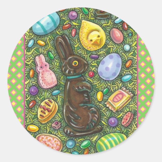CHOCOLATE EASTER BUNNY, CHICK, EGGS, JELLY BEANS CLASSIC ROUND STICKER (Front)