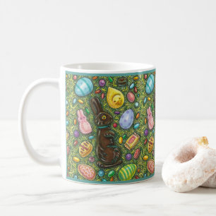 CHOCOLATE EASTER BUNNY, CHICK, EGGS, JELLY BEANS COFFEE MUG