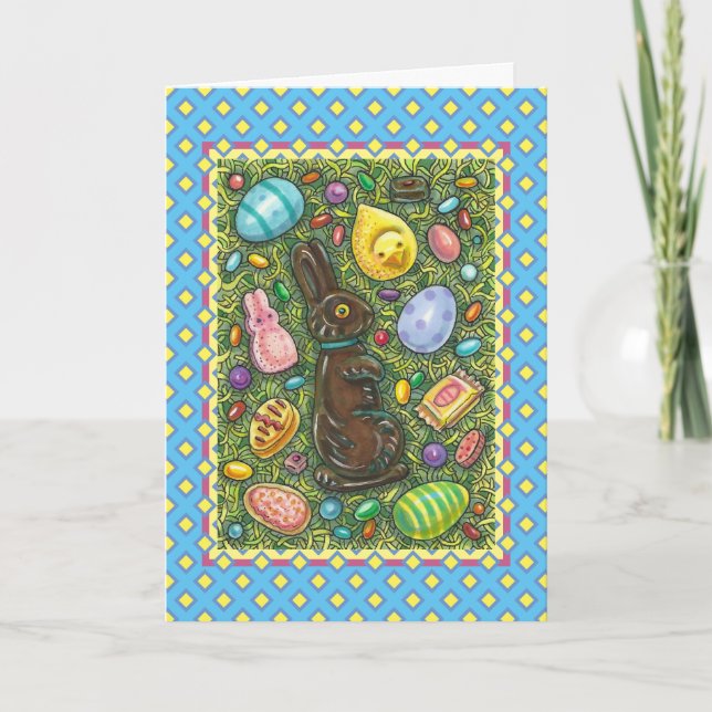 CHOCOLATE EASTER BUNNY, CHICK, EGGS, JELLY BEANS HOLIDAY CARD (Front)