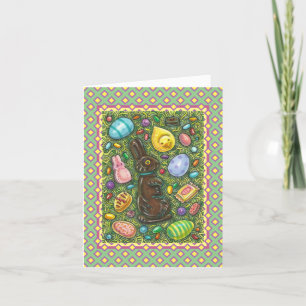 CHOCOLATE EASTER BUNNY, CHICK, EGGS, JELLY BEANS HOLIDAY CARD