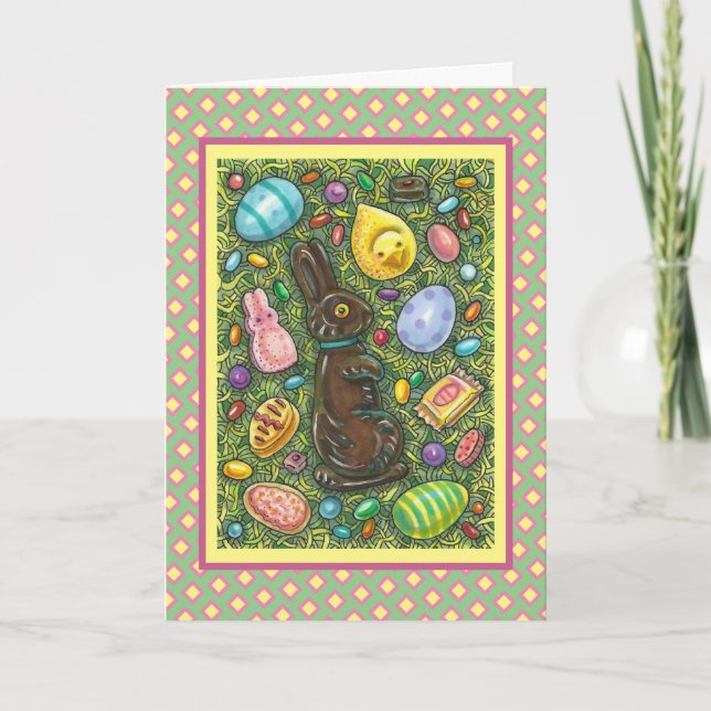 CHOCOLATE EASTER BUNNY, CHICK, EGGS, JELLY BEANS HOLIDAY CARD (Front)