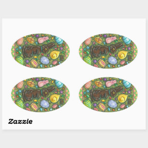 CHOCOLATE EASTER BUNNY, CHICK, EGGS, JELLY BEANS OVAL STICKER