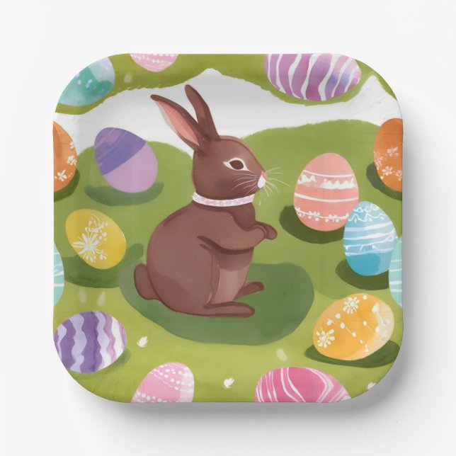 Chocolate Easter Bunny | Cute Spring Pastel Eggs Paper Plate (Front)