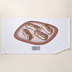 Chocolate eclair cartoon illustration beach towel