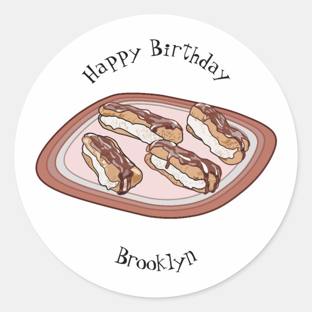 Chocolate eclair cartoon illustration  classic round sticker (Front)