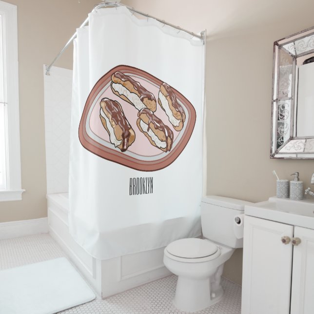 Chocolate eclair cartoon illustration shower curtain (In Situ)