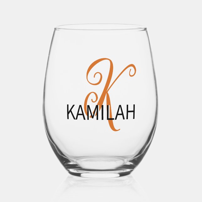 Chocolate Elegant Initial Black Name | Modern  Stemless Wine Glass (Front)