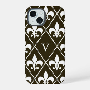 Chocolate Fleur de Lis w/ monogram iPhone 15 Case