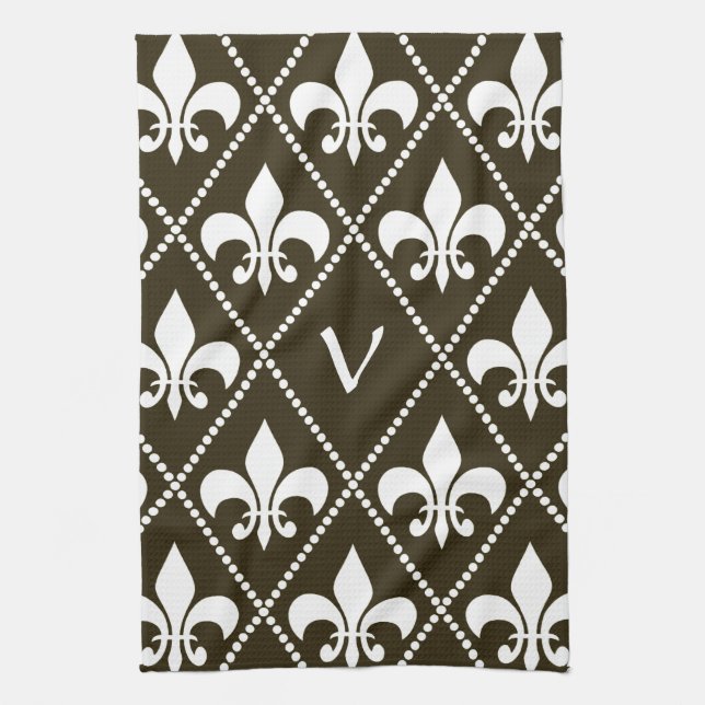 Chocolate Fleur de Lis with monogram initial Tea Towel (Vertical)