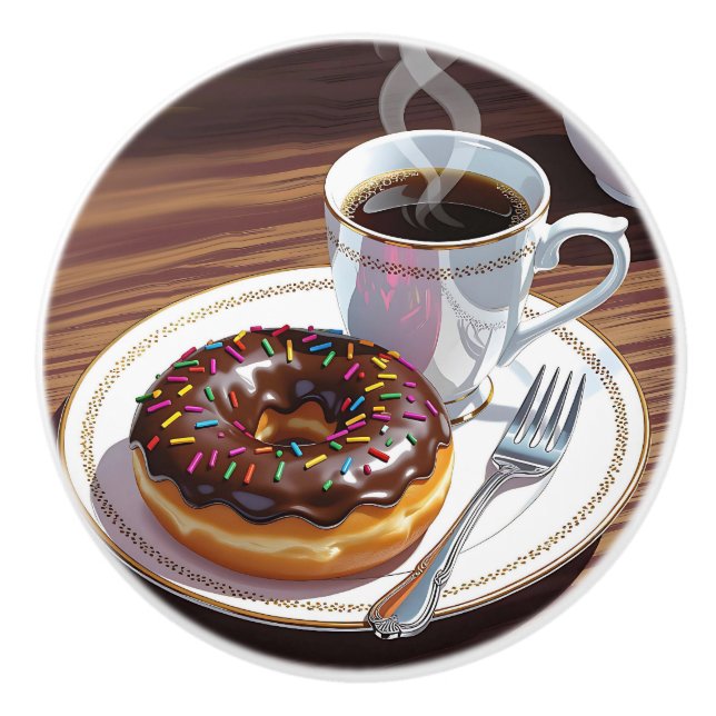 Chocolate Frosted Donut and Coffee  Ceramic Knob (Front)