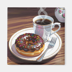 Chocolate Frosted Donut and Coffee  Magnet