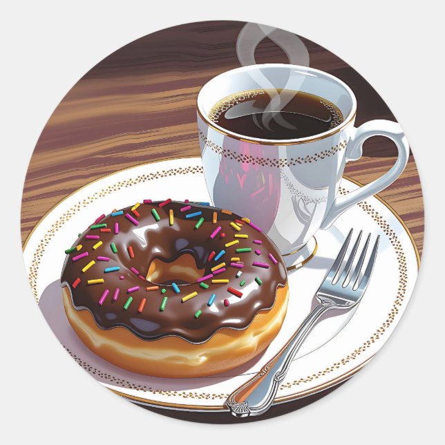 Chocolate Frosted Doughnut and Coffee  Classic Round Sticker (Front)