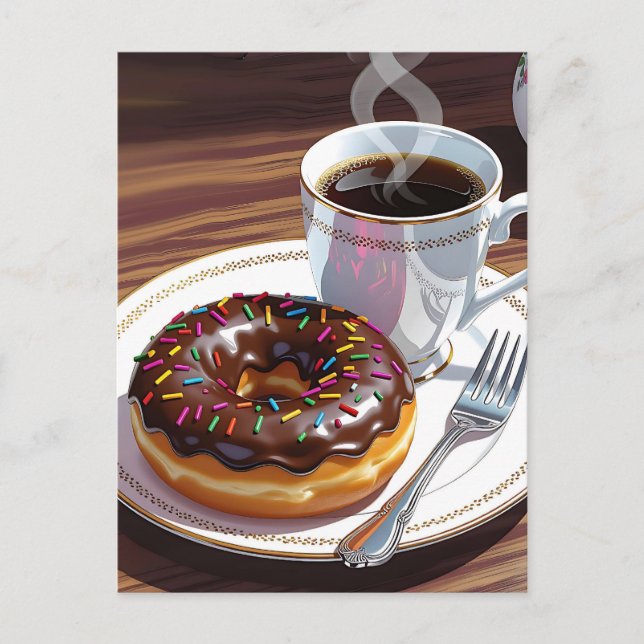 Chocolate Frosted Doughnut and Coffee  Postcard (Front)