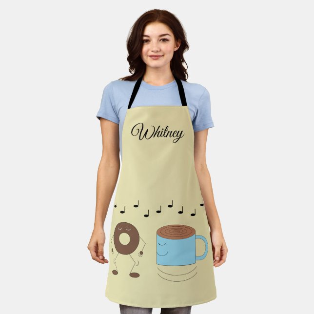 Chocolate Frosted Doughnut & Coffee Mug Dancing:   Apron (Worn)
