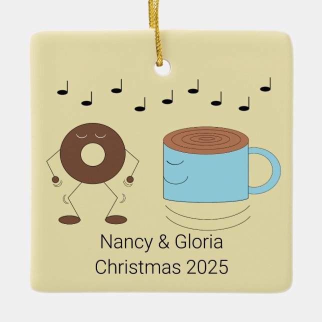 Chocolate Frosted Doughnut & Coffee Mug Dancing: Ceramic Ornament (Front)