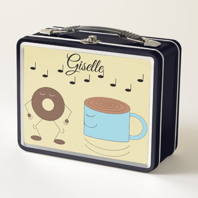 Chocolate Frosted Doughnut & Coffee Mug Dancing: Metal Lunch Box (Front)