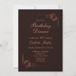 Chocolate Gold Floral Leaf 40th Birthday Dinner Invitation