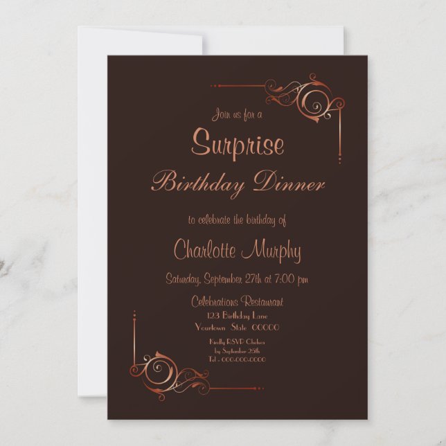 Chocolate Gold Floral Surprise Birthday Dinner Invitation (Front)