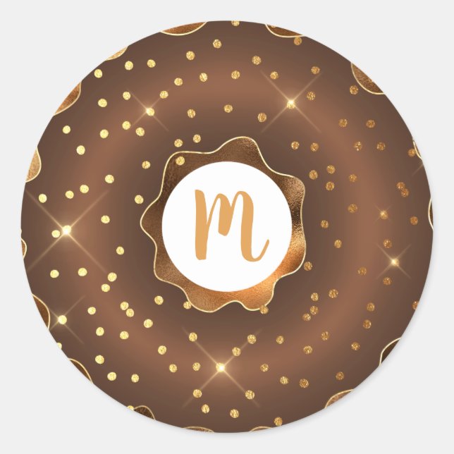 Chocolate gold glitter doughnut monogram glam bold classic round sticker (Front)